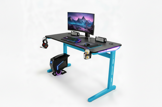 Motorized Height Adjustable Computer Desk – Electric Gaming Table with LED Lights ( 55.1" W × 23.6" D × 29.1" H ) Blue Legs