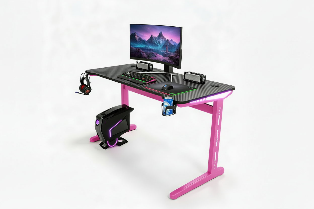 Motorized Height Adjustable Computer Desk – Electric Gaming Table with LED Lights ( 55.1" W × 23.6" D × 29.1" H ) Pink Legs