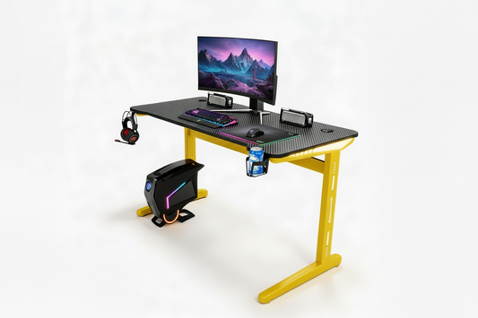 Motorized Height Adjustable Computer Desk – Electric Gaming Table with LED Lights ( 55.1" W × 23.6" D × 29.1" H ) Yellow Legs