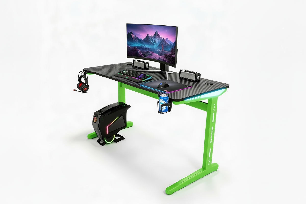 Motorized Height Adjustable Computer Desk – Electric Gaming Table with LED Lights ( 55.1" W × 23.6" D × 29.1" H ) Green Legs