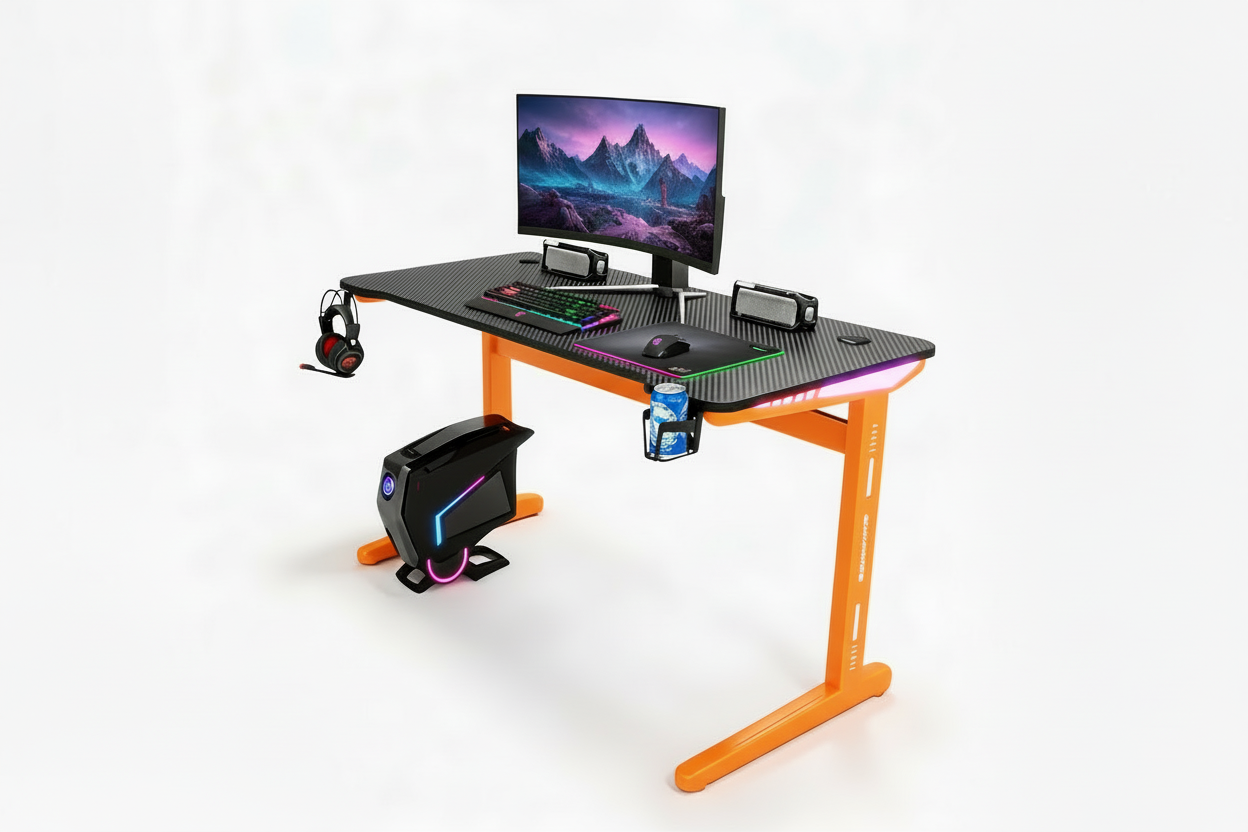 Motorized Height Adjustable Computer Desk – Electric Gaming Table with LED Lights ( 55.1" W × 23.6" D × 29.1" H ) Orange Legs