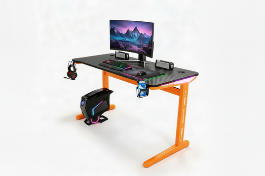 Motorized Height Adjustable Computer Desk – Electric Gaming Table with LED Lights ( 55.1" W × 23.6" D × 29.1" H ) Orange Legs