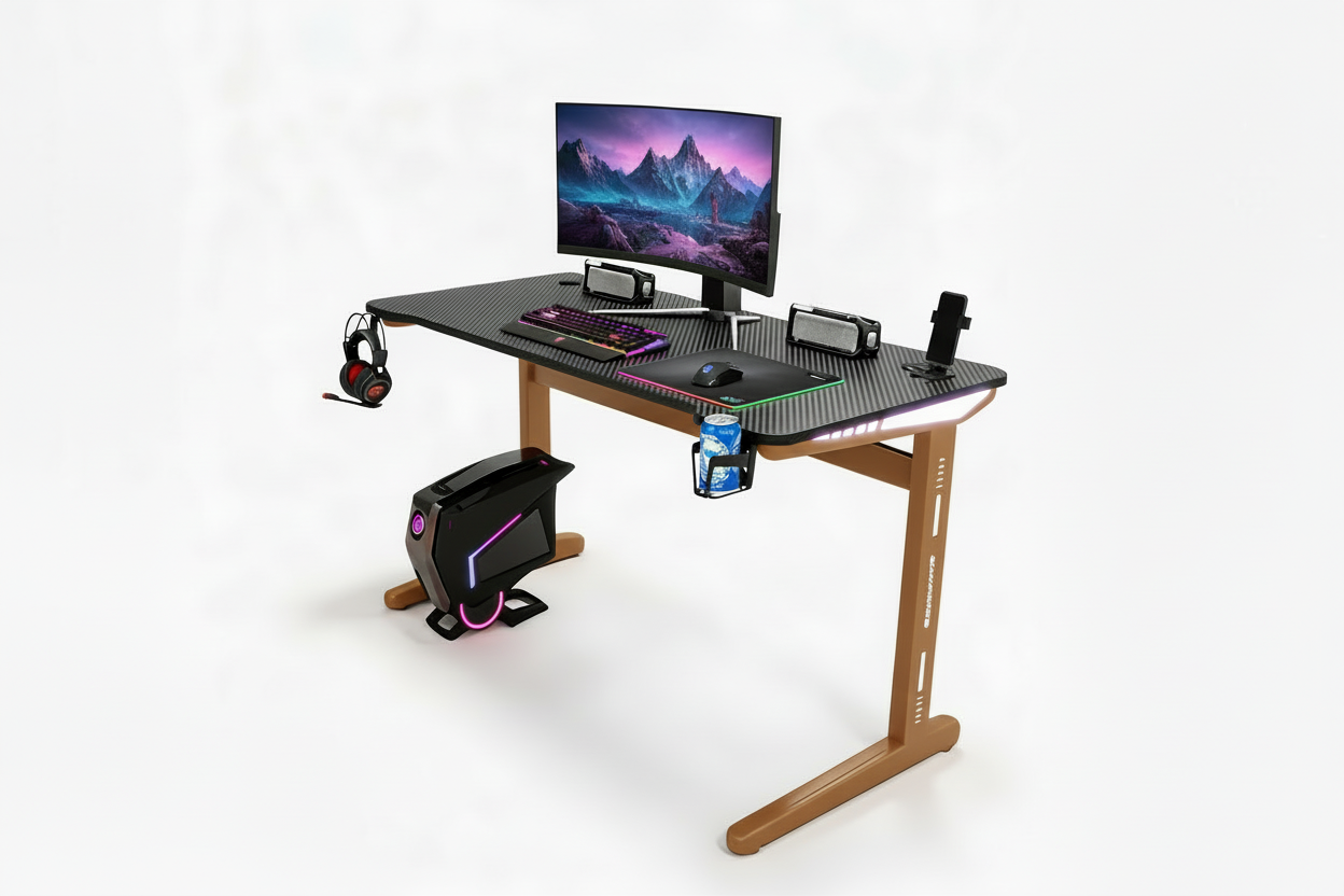 Motorized Height Adjustable Computer Desk – Electric Gaming Table with LED Lights ( 55.1" W × 23.6" D × 29.1" H ) Brown Legs