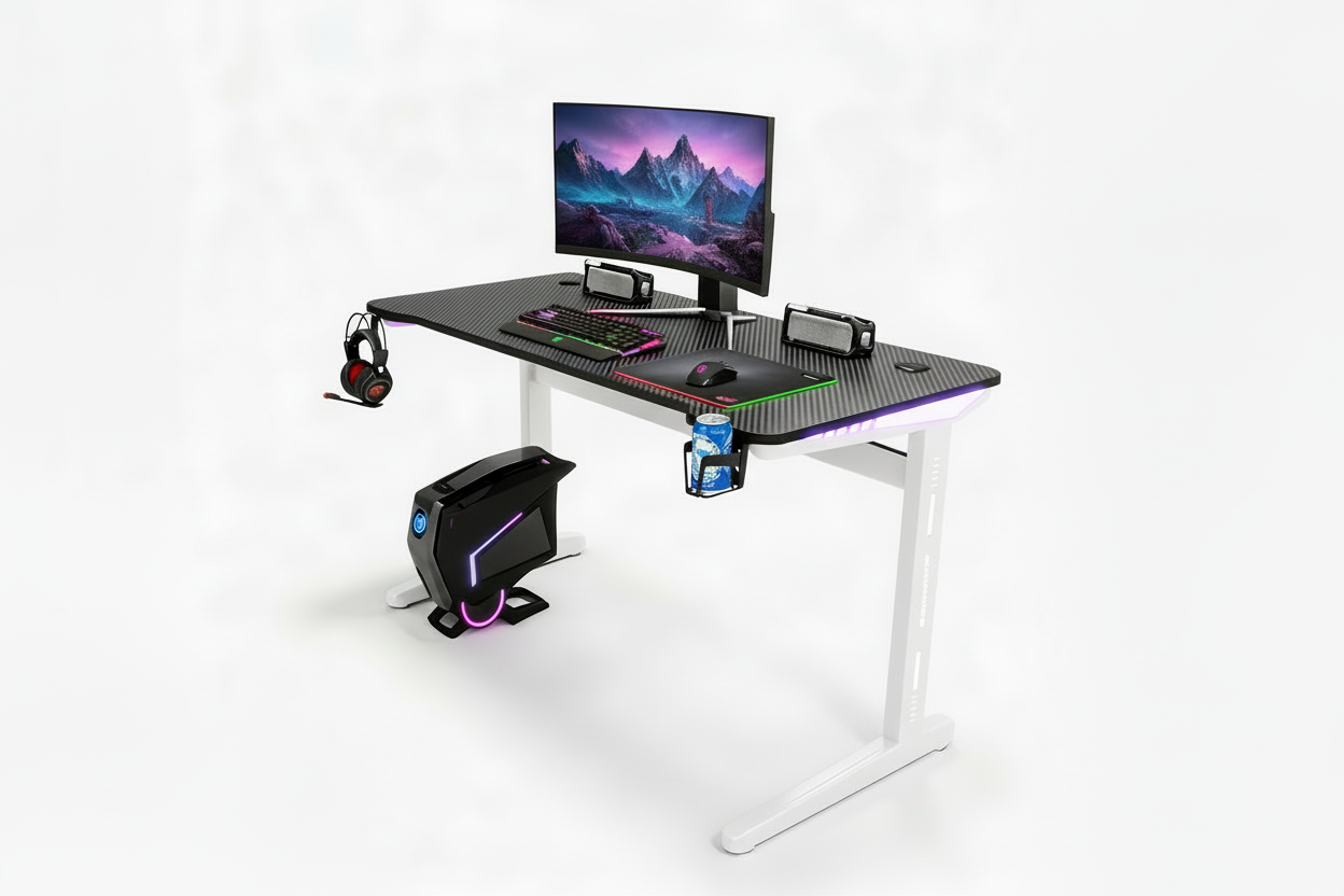 Motorized Height Adjustable Computer Desk – Electric Gaming Table with LED Lights ( 55.1" W × 23.6" D × 29.1" H ) White Legs