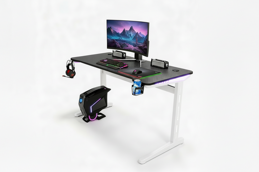 Motorized Height Adjustable Computer Desk – Electric Gaming Table with LED Lights ( 55.1" W × 23.6" D × 29.1" H ) White Legs