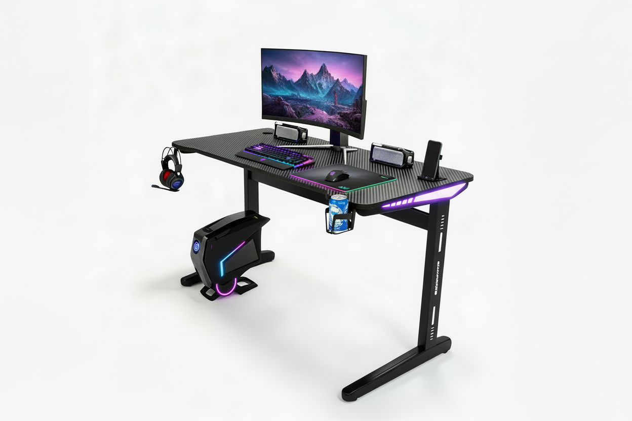 Motorized Height Adjustable Computer Desk – Electric Gaming Table with LED Lights ( 55.1" W × 23.6" D × 29.1" H ) Black Legs